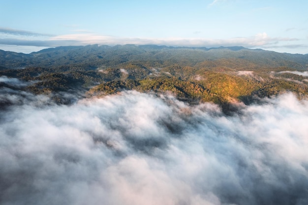 Fog with mountains and light in the morning