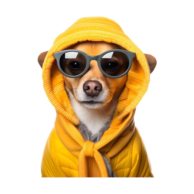 A fog with yellow jacket and glasses on white background