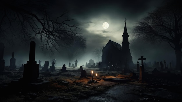 Photo fogcovered cemetery with moonlight casting eerie shadows