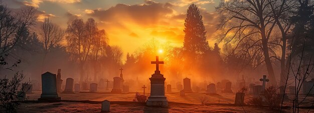 A fogfilled graveyard at dusk