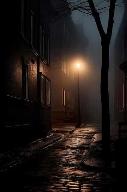 Photo foggy alley with a street light in the distance generative ai
