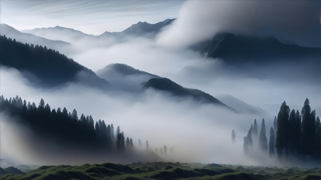 Photo a foggy atmosphere surrounded by majestic mountains during the morning