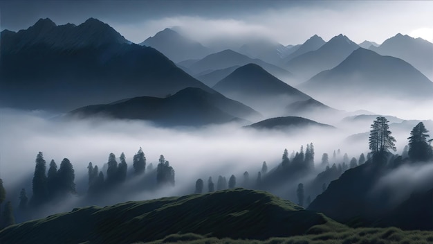 Photo a foggy atmosphere surrounded by majestic mountains during the morning