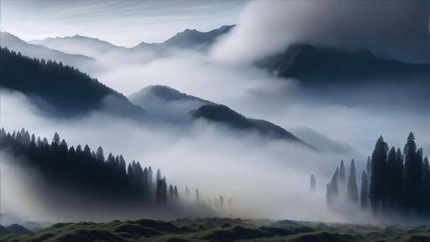 雄大な山々に囲まれた朝の霧の雰囲気