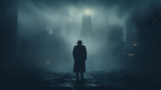 Foggy autumn city silhouette of a man