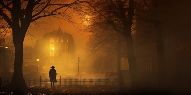 霧の秋の都市 男性のシルエット