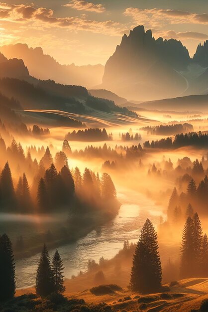 Photo foggy autumn landscape sunrise in the mountains with a river beautiful nature background