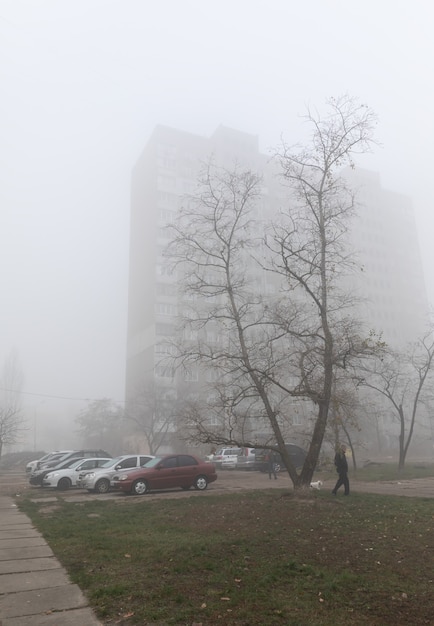 街の霧の秋の朝。生態学的概念。寒くて暗い秋の朝の街の通りの深い霧。