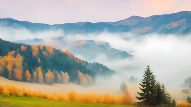 Foggy autumn mountain landscape with spruce forest