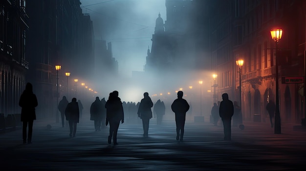 Foggy Bilbao streets with people walking in Spain