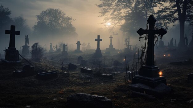 Photo foggy cemetery with tombstones and crosses