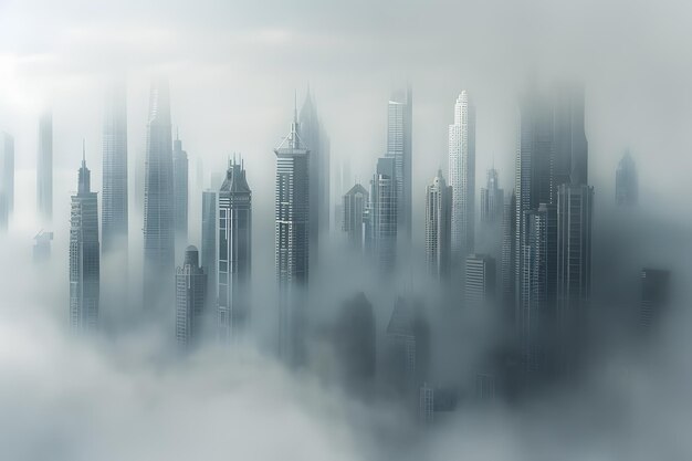 Foggy cityscape with skyscrapers