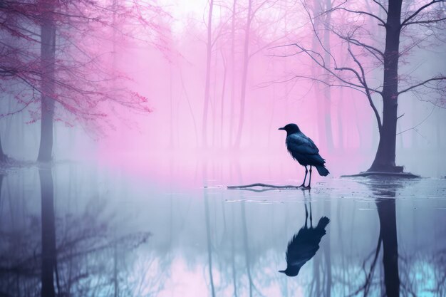 Foggy cold forest pastel color palette Crow sitting on stem Watercolor style Made with Generative AI