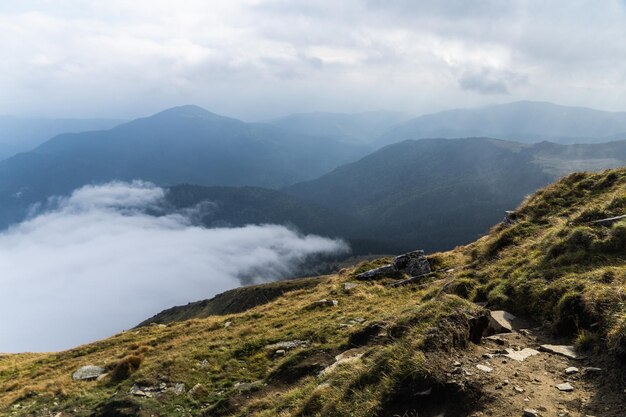 Foggy day in the autumn mountains