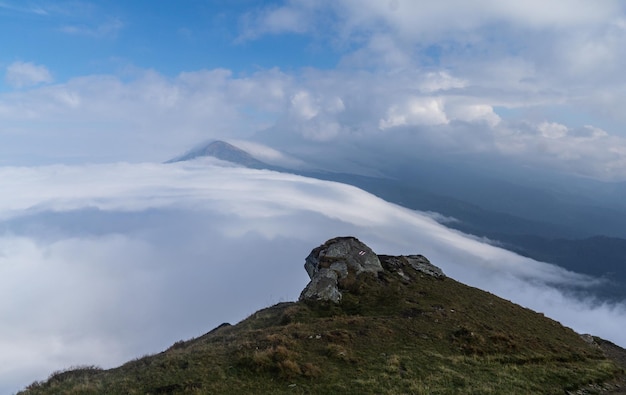 Foggy day in the autumn mountains