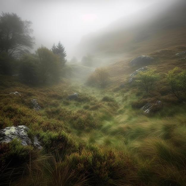 A foggy day with trees and grass