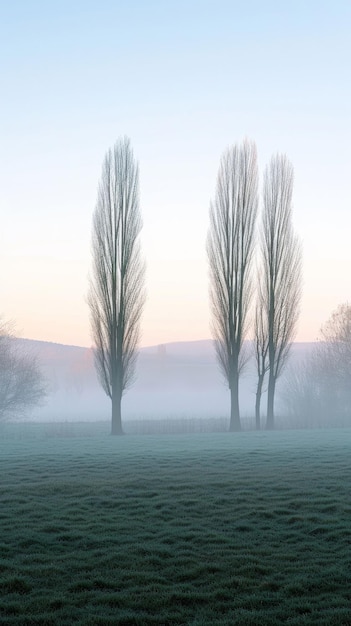Туманное поле с тремя отдаленными деревьями