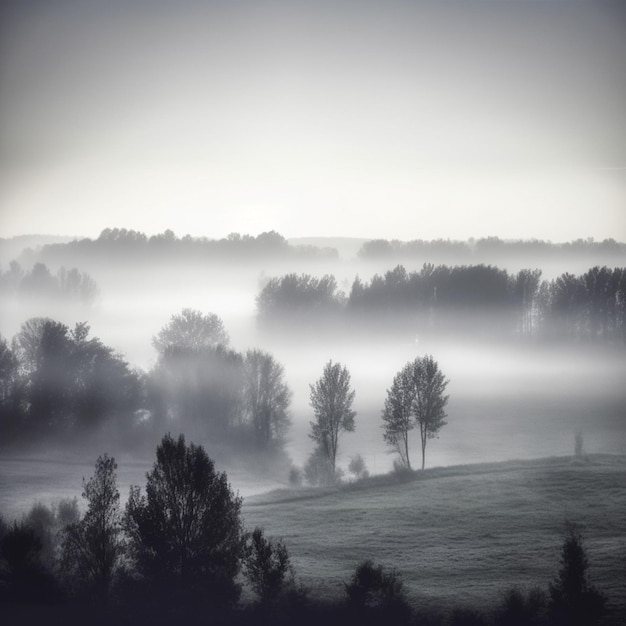 A foggy field with trees in the foreground and a field of trees in the background.