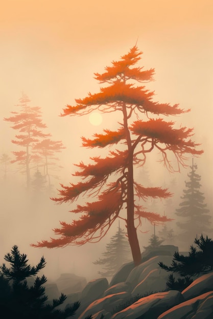 foggy fog in hill with pine trees in the style of light orange and light crimson organic naturein