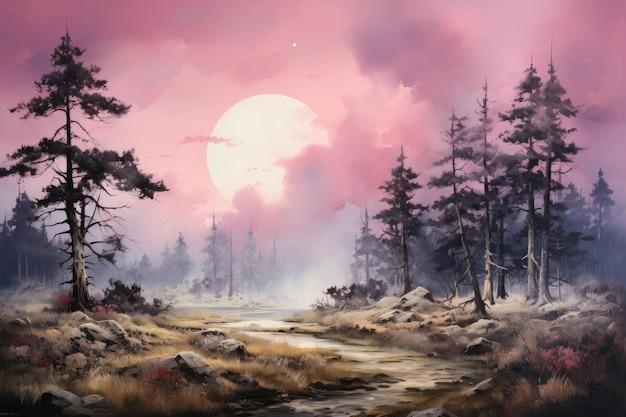 A foggy forest painting featuring tall pine trees purple sky and white clouds Generative AI