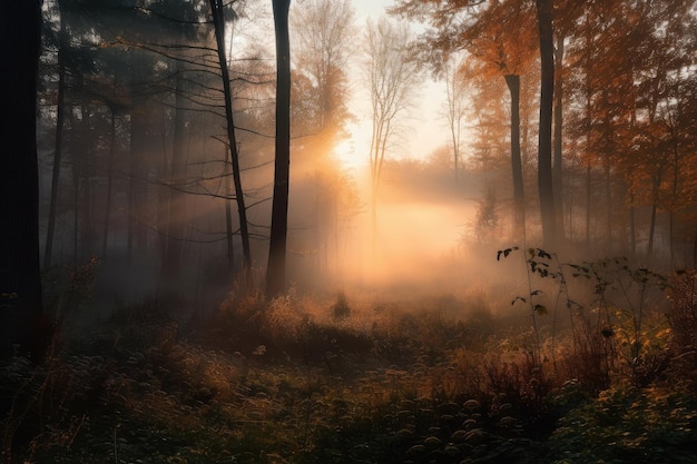 Foggy forest at sunrise with the sun illuminating the landscape created with generative ai