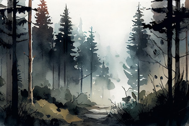 Foggy Forest in watercolor painting