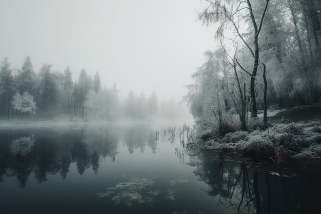 A foggy forest with a lake and trees covered in snow