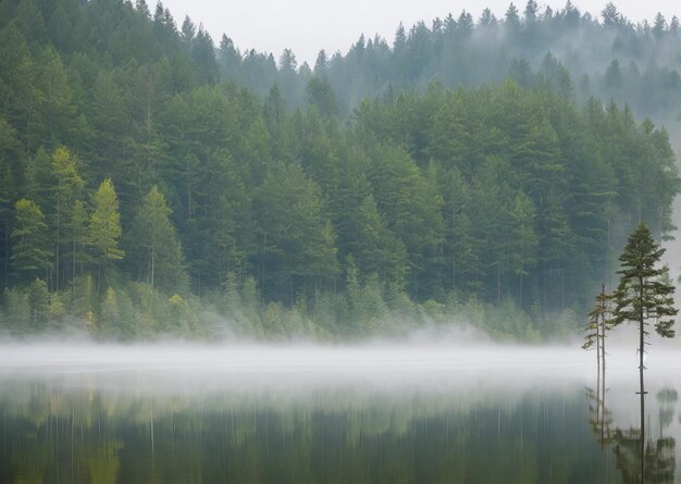 A foggy forest with a lake and trees in the foreground.