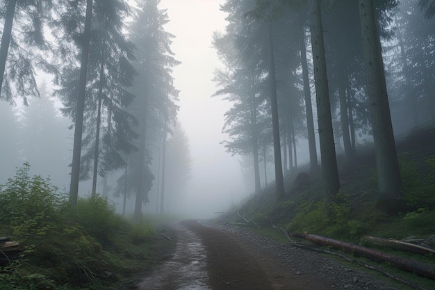 A foggy forest with a path leading to the top of it