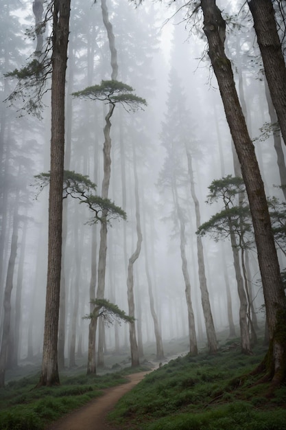 A foggy forest with pine trees in the fog.