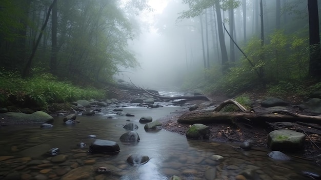 A foggy forest with a stream in the foreground and a tree in the background.