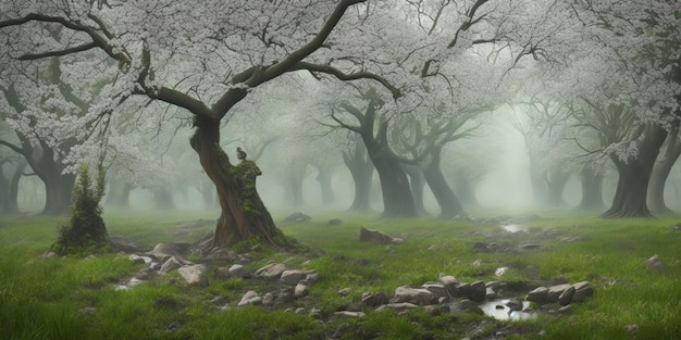 Туманный лес с ручьем и деревьями на переднем плане.