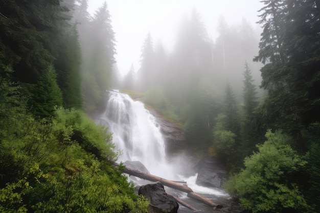 Foggy forest with towering waterfall and rushing water created with generative ai