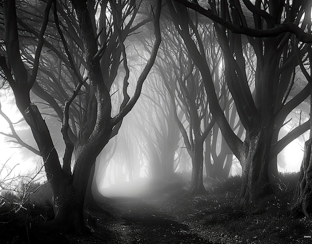 Photo a foggy forest with a trail in the woods