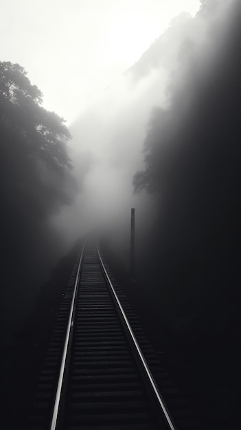 A foggy forest with train tracks disappearing into the distance