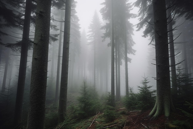 Foggy forest with a tree in the foreground and a forest in the background.