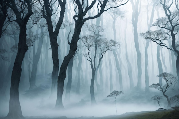 A foggy forest with a tree in the middle of it