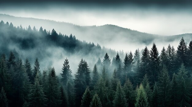 Foggy forest with trees in the foreground Generative Ai