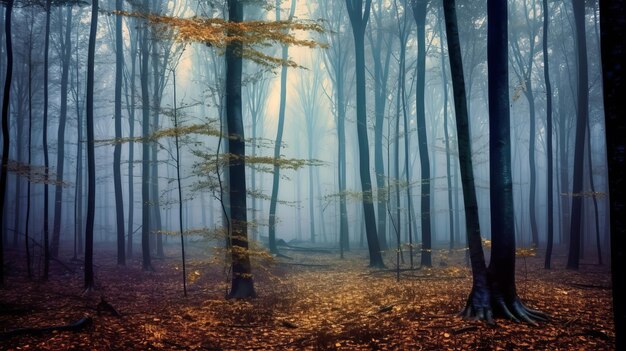 霧に覆われた森部分的に霧で覆われた木々で静けさの感覚を生み出します AIが生成しました