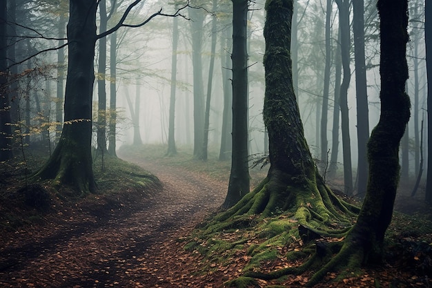 a foggy forest with trees shrouded in mist creating AI generated