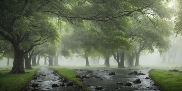 A foggy forest with trees and a stream in the foreground.