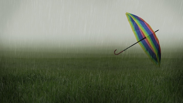 Foggy grassy field with heavy rain and flying umbrella