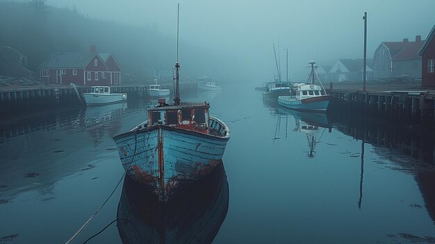 Foggy Harbor With Boats Anchored At The Pier Background