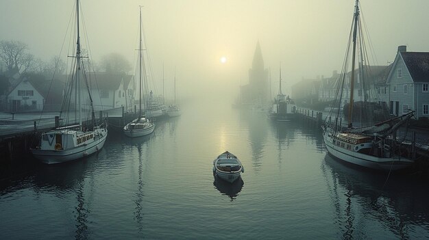 Photo foggy harbor with boats moored at the dock wallpaper