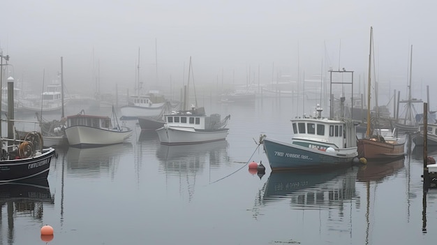 A foggy harbor with fishing boats Generative AI