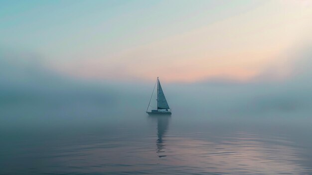 写真 霧の湖で孤独な帆船 水は静かで静か 空は淡い青で太陽が昇っている