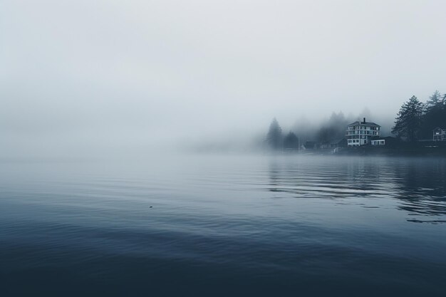 Foggy lake with a house in the distance