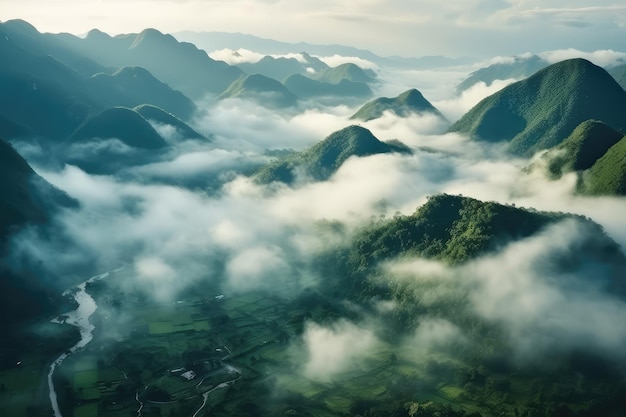 Foggy landscape in the jungle Fog and cloud mountain