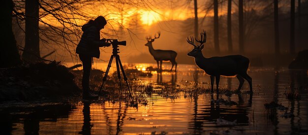 写真 森の男と鹿の霧の風景