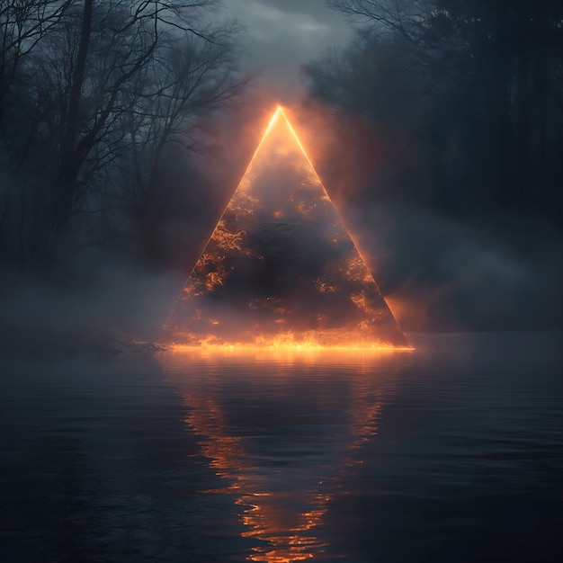 Foggy landscape with a glowing triangle on the swamp